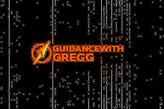 GuidanceWithGregg orange logo with lightning bolt on black digital background with matrix-style characters