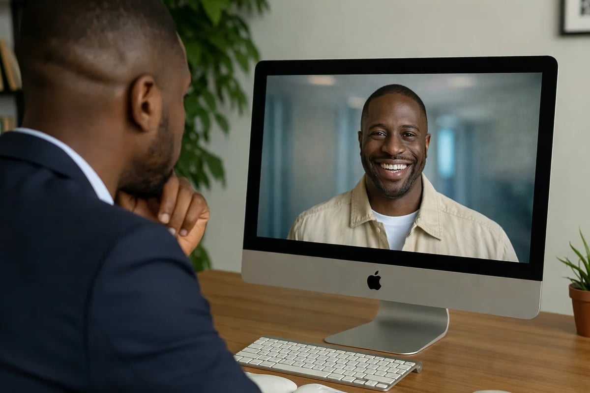 Man in business attire video conferencing on desktop computer with another person smiling on screen